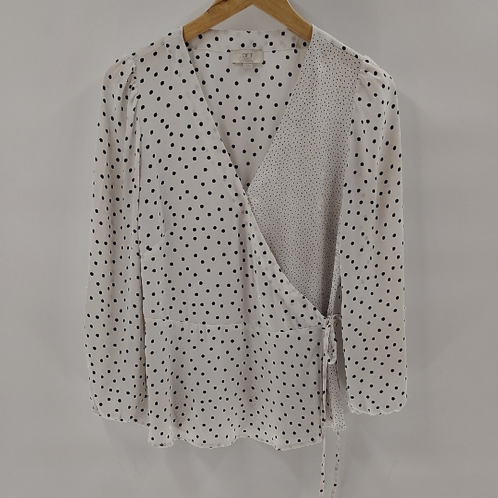 LOFT Wrap Style Blouse Size Small White Navy Blue Polka Dot Long Sleeve